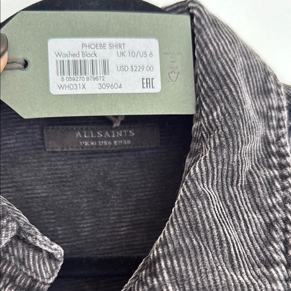New With Tags ALLSAINTS Women’s Phoebe Cotton Corduroy Shirt In Washed Black - Picture 3 of 10